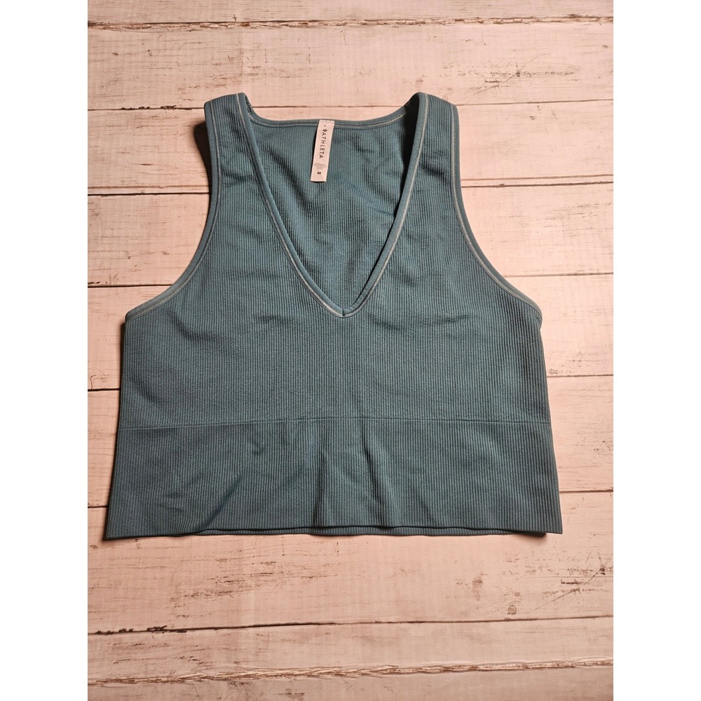Athleta Aurora Seamless Crop Ribbed Tank Blue Teal V-Neck Top 556403-01 Womens M